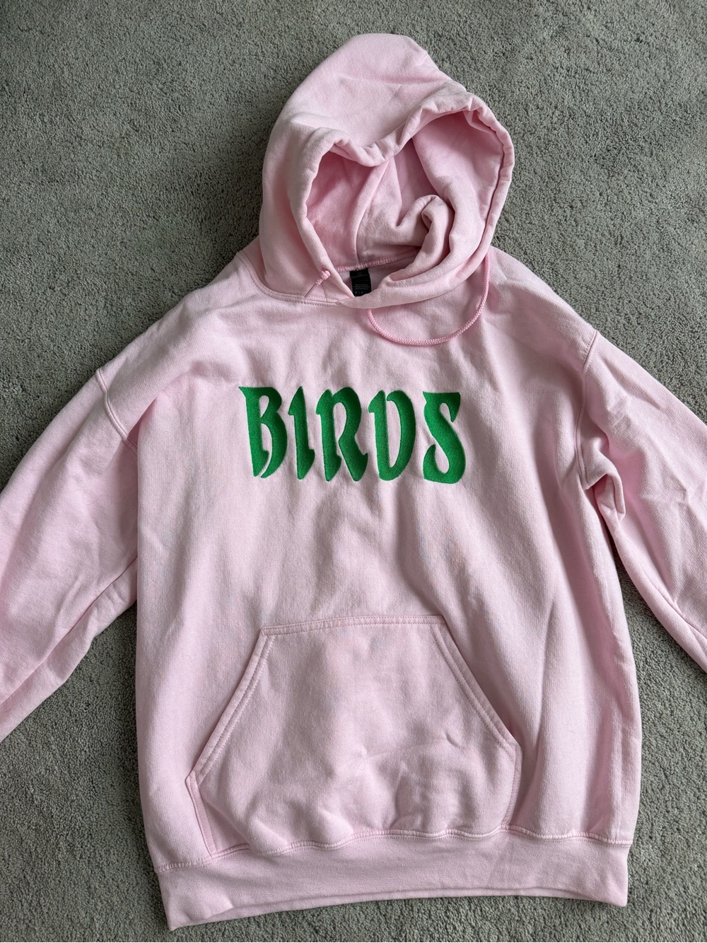 Gildan Pink Hoodie with Green BIRDS Chest Print